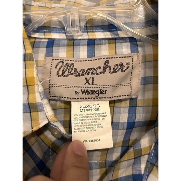 Wrangler Wrancher Western Pearl Snap XL Button Down LS Plaid Yellow Blue Vintage - Picture 3 of 4